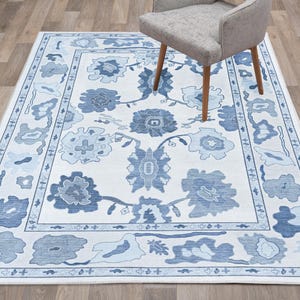 Tappeto annodato a mano in stile Oushak blu squisito 4x6, 5x8, 6x9, 8x10, 9x12, 10 x 14 piedi Tappeti fatti a mano per soggiorno, tappeto contemporaneo antico