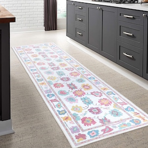 Oushak Muted Pink Beige Rug, 3x13 Turkish Vintage Floral Pastel Oversized Traditional Area Rugs for Living room Dining Bedroom Kitchen