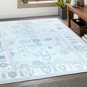 Tapis noué à la main bleu exquis de style Oushak 4 x 6, 5 x 8, 6 x 9, 8 x 10, 9 x 12, 10 x 14 pi Tapis faits main pour le salon, tapis contemporain antique