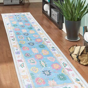 Oushak Muted Blue Beige Rug, 3x13 Turkish Vintage Floral Pastel Oversized Traditional Area Rugs for Living room Dining Bedroom Kitchen