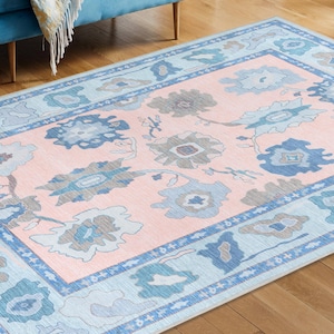 9x12, 8x10 Ft Turkish Pink Blue Oriental Living Room Vintage Style Washable Rug, Pet Friendly, Boho Home Decor, 3x5, 5x8, 6x9 All Sizes