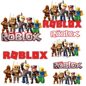 May include: Multiple images featuring Roblox characters and the Roblox logo in red and white. The characters are diverse, with varying outfits and accessories, including construction worker attire and knight armor. The images are likely for merchandise.