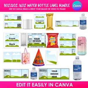 Op de afbeelding: Een bundel waterfles label templates, chipzak mockups en andere product label ontwerpen. Inclusief sjablonen voor 237ml, 355ml en 473ml waterflessen. De tekst op de afbeelding luidt "80Z.120Z. 160Z WATER BOTTLE LABEL BUNDLE" en "EDIT IT EASILY IN CANVA".