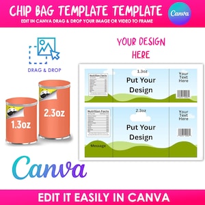 May include: A template for chip bags with the text "CHIP BAG TEMPLATE TEMPLATE" and "EDIT IN CANVA". The design includes orange chip bag mockups with 1.3oz and 2.3oz labels, and a design template with space for custom text.
