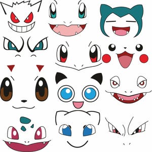 May include: A collection of cartoon faces, each with unique expressions and features. The faces are primarily white with black outlines, and various colors are used for eyes, mouths, and other details. The image is a playful and colorful design.