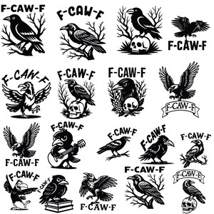 May include: A collection of black and white raven illustrations with the text "F-CAW-F". The designs feature ravens in various poses, some perched on branches, skulls, or playing a guitar. The style is reminiscent of a tattoo design.