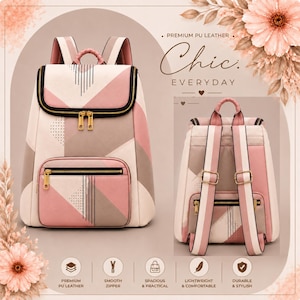 May include: A backpack featuring a geometric pattern in shades of pink, beige, and grey with gold-tone zips. The front displays a flap closure and a zipped pocket. The back view shows adjustable shoulder straps and a small horizontal zipped pocket.