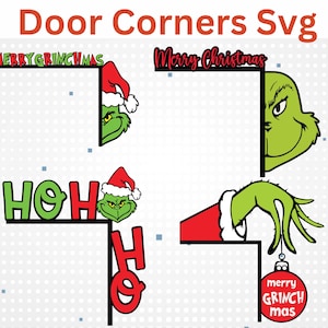 Puede incluir: Un diseño digital con cuatro archivos SVG de esquina de puerta con temática navideña. Los diseños incluyen el Grinch, gorros de Papá Noel y texto festivo como "Merry Christmas" y "Ho Ho Ho". La paleta de colores incluye verde, rojo y blanco.