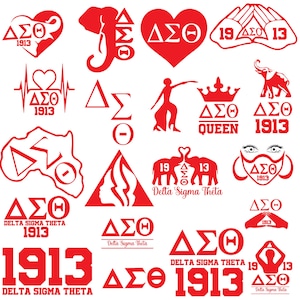 May include: A collection of red graphic designs featuring the Greek letters Delta, Sigma, and Theta, along with the year 1913. The designs include hearts, elephants, and silhouettes, with the words "Delta Sigma Theta" appearing in some.