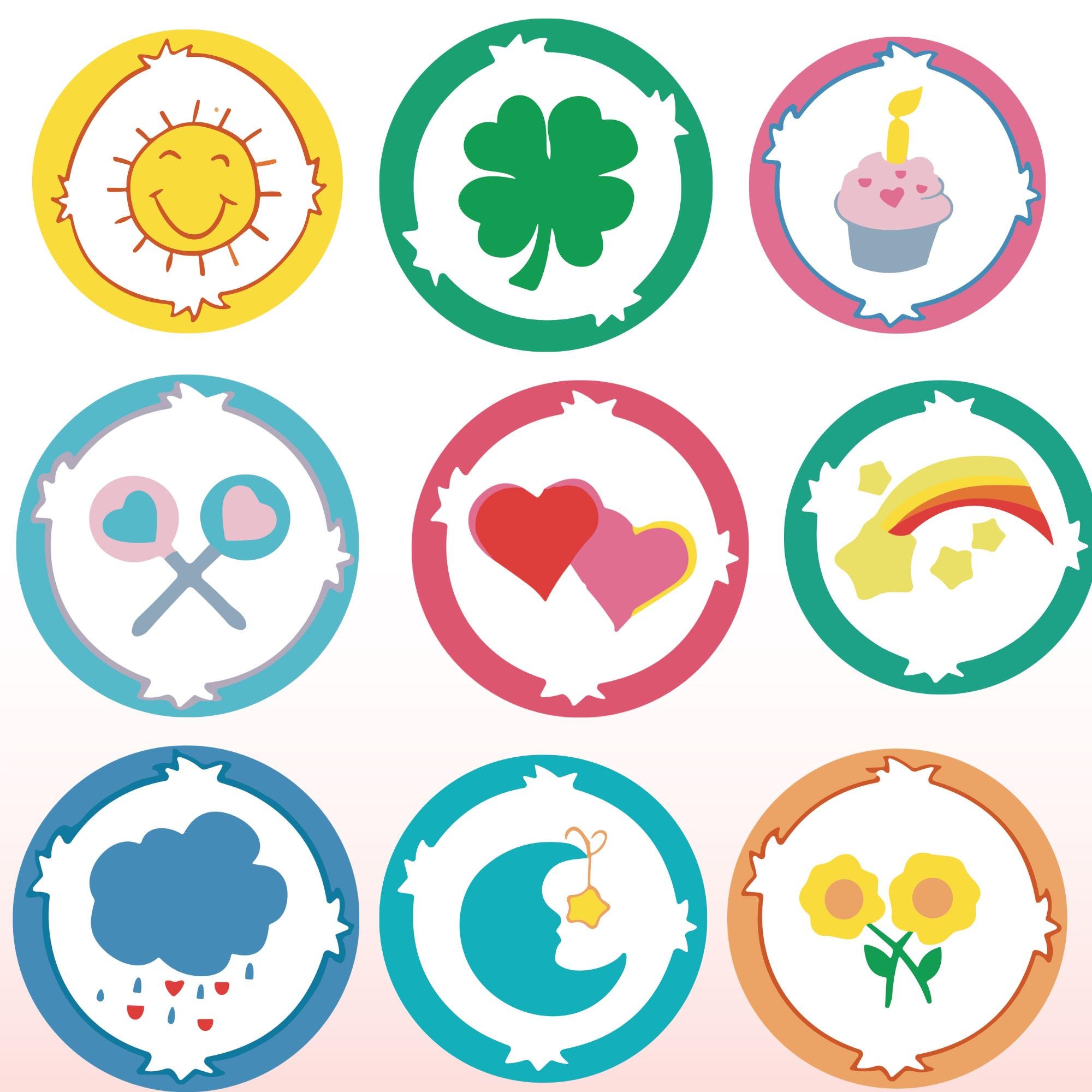 care bears belly badges svg bundle: retro cartoon clipart (digital