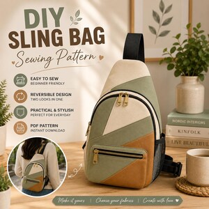 May include: A DIY sling bag sewing pattern featuring a colour-blocked design in sage green, cream, and tan. The bag has a front zippered pocket, a black mesh side pocket, and a black adjustable strap. Text includes DIY SLING BAG Sewing Pattern.