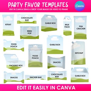May include: A collection of party favor templates with various packaging designs. Includes a KitKat, chocolate bar, gable boxes, milk pack, fish cracker, food pouch, packing box, ring pop, snacks, Snicker bar, and ketchup. Text reads "Party Favor Templates" and "Edit it easily in Canva."