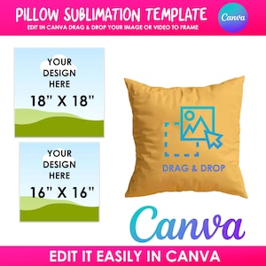 Pode incluir: Uma almofada amarela com um gráfico azul e as palavras "DRAG & DROP". São mostrados dois modelos, um de 45,7 cm x 45,7 cm e outro de 40,6 cm x 40,6 cm, com o texto "SEU DESIGN AQUI". O logotipo da Canva é visível.