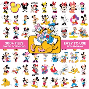 May include: A collection of digital graphic files featuring various Disney characters including Mickey Mouse, Minnie Mouse, Donald Duck, Daisy Duck, Pluto, and Goofy in multiple poses and outfits, with text reading 300+ FILES DIGITAL DOWNLOAD EASY TO USE SVG-PDF-PNG.