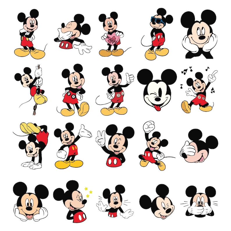 May include: A collection of cartoon illustrations of Mickey Mouse in various poses. Mickey is depicted with his signature black ears, red shorts, yellow shoes, and white gloves. Some images show him smiling, waving, or wearing sunglasses.
