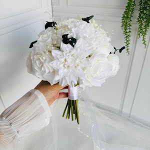 White Wedding Bouquet with Boutonniere | Bridal Floral Set | Silk Flower Bride BouquetElegant White Rose & Dahlia Bridal Bouquet with Pearl