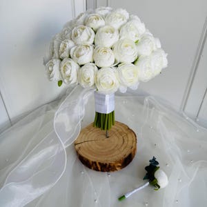 White Ranunculus Bridal Bouquet with Ribbon | Elegant Wedding Flowers | Classic White Wedding Bouquet & Boutonniere Set