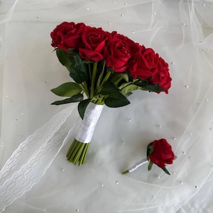 Red Velvet Rose Bridal Bouquet, Artificial Wedding Flowers,Real Touch Roses, Arrangement,Burgundy red flower bouquet for wedding