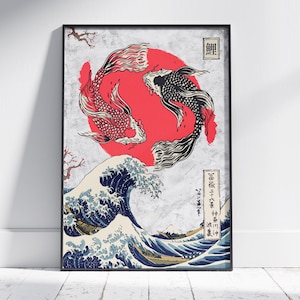 Koi Fish Yin Yang Poster | Traditional Japanese Wall Art | Unframed Canvas Print | Japanese Mythology Gift Poster