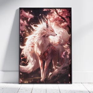 Neunschwänziges Kitsune Poster | Traditionelle Japanische Wandkunst | Ungerahmt Leinwanddruck | Japanische Mythologie Geschenkplakat