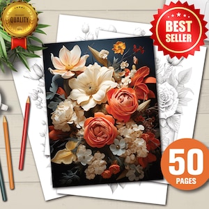 50+ Flowers Coloring Book for Adults and Kids, Printable Floral Coloring Pages, Instant Download, Relaxation Art Therapy