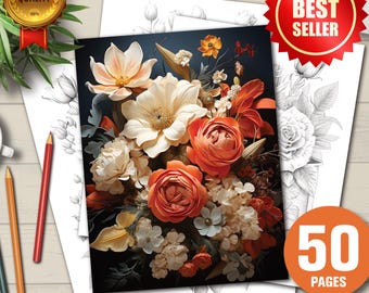 50+ Blumen Malbuch für Erwachsene und Kinder, geblümte Malseiten zum Ausdrucken, sofortiger Download, Entspannungs-Kunsttherapie