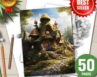 50+ Fairy Houses Coloring Book for Adults & Kids, Magical Printable Coloring Pages, Fantasy Art, Instant Download, Whimsical Therapy
