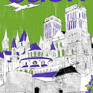 Può includere: Illustrazione di Caen, Francia, raffigurante un paesaggio urbano con edifici notevoli in bianco e viola su uno sfondo verde. La parola "Caen" è viola, con un uccello che vola sopra la città.