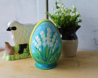 Handpainted paper mache Easter egg with lily of the valley flowers, Vintage style yellow blue green Easter egg, large handmade Easter egg