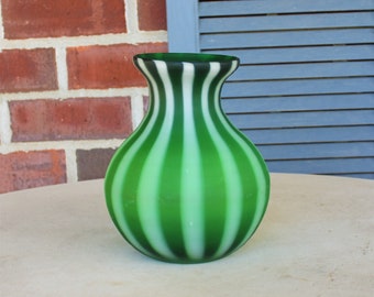 Rare vintage vase, green and white striped satin art glass vase, MCM vase, mid century modern green and white striped vase, satin glass vase