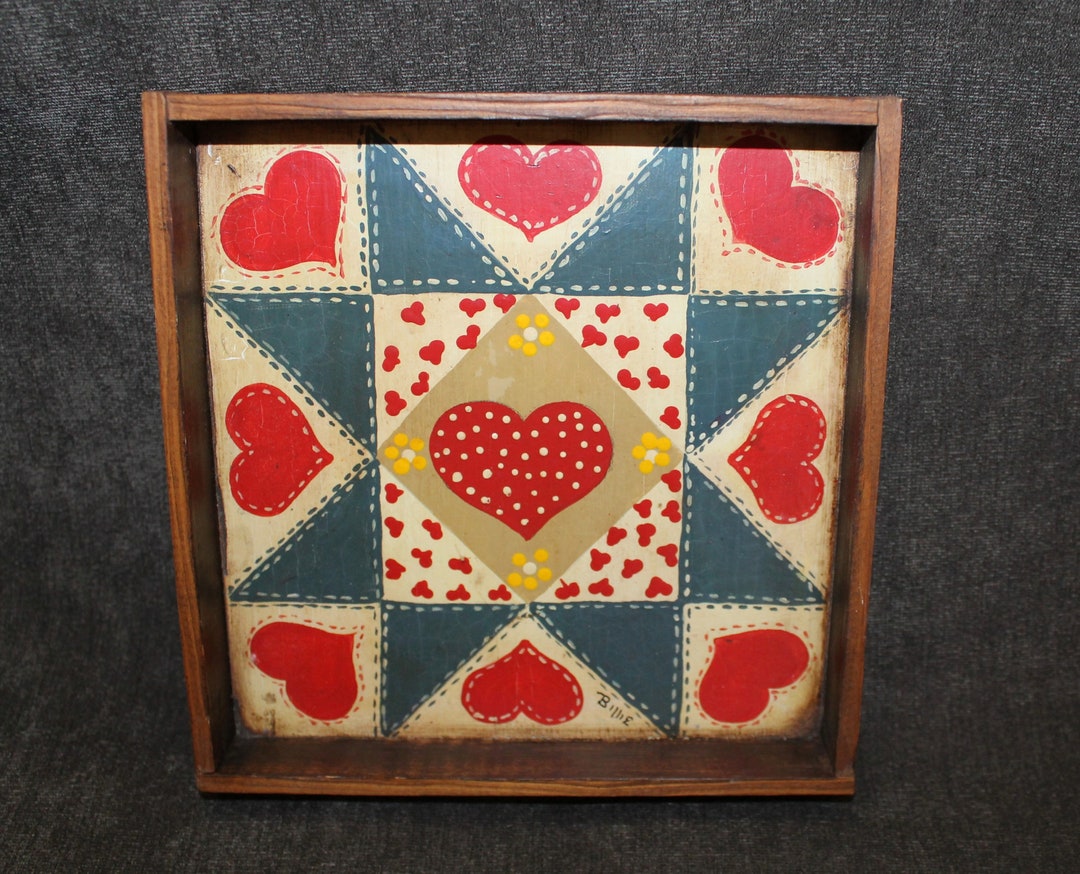 Valentines Barn Quilt Painting With Red Hearts, Small Square Barn Quilt