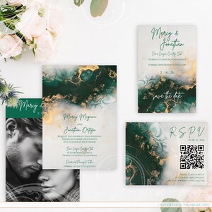 May include: Save the date card with green and gold marble design. The card says "Marcy & Jonathan" and "Dave Canyon Country Club" with the date "2.14.26".