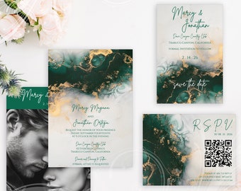 Emerald and Gold Wedding Invite Set, Save the Date Card, RSVP Card, QR Code Response, Jewel Tone Wedding, Green & Gold Wedding Suite Invite