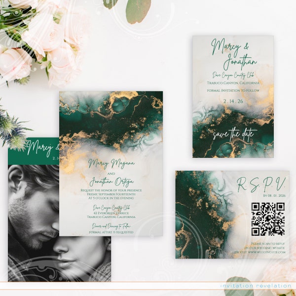 Emerald and Gold Wedding Invite Set, Save the Date Card, RSVP Card, QR Code Response, Jewel Tone Wedding, Green & Gold Wedding Suite Invite