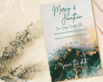 Emerald and Gold Save the Date, Save the Date Card, Modern Save the Date,  Jewel Tone Card, Save this Date, Deep Green Save the Date,