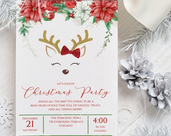 Reindeer With Bow Christmas Invite, Winter Invite, Holiday Party, Christmas Invite, Cute Deer Invite, DIY Invite, Modern Christmas Invite