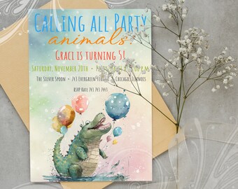 Party Animal Invite, Crocodile Invite, Wild One Invite, TwoWild Birthday, Animal Birthday Invite, Zoo Birthday Invite, Digital Party Invite