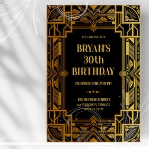 Roaring Twenties uitnodigen, Great Gatsby, Gatsby uitnodigen, afdrukbare uitnodigen, Art Deco uitnodigen, jaren 1920 uitnodiging, goud en zwart, Flapper uitnodigen