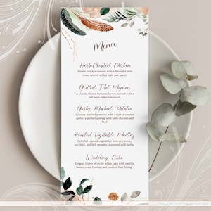 Boho bos bruiloftsmenu, afdrukbaar menu, Boho bruiloftsmenu, aquarel, Boho menu, menukaart, bruiloftsmenu, Boho menu, Feather menu
