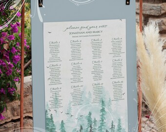 Misty Forest Seating Chart, Watercolor Forest , Woodland Seating Template, Wedding Seating Chart, Seating Chart 24 x 36, Large Seating Chart