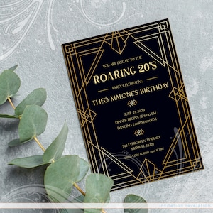 Roaring Twenties uitnodigen, Great Gatsby, Gatsby uitnodigen, afdrukbare uitnodigen, Art Deco uitnodigen, jaren 1920 uitnodiging, goud en zwart, Flapper uitnodigen