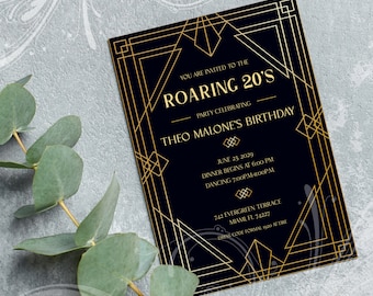 Roaring Twenties Invite, Great Gatsby, Gatsby Invite, Printable Invite, Art Deco Invite, 1920s Invitation, Gold and Black, Flapper Invite