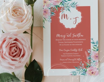 Floral Monogram Invitation, Printable Wedding, Card Template, Water Color Invite, Script Font, Simple Wedding Invite, Wedding Invite Suite