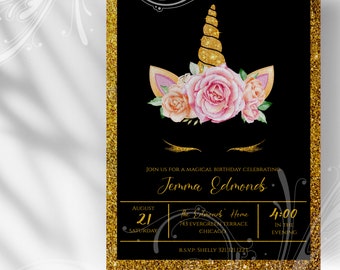 Unicorn Birthday Invite, Black and Gold Unicorn Invite, Sweet 16 Invite, Roses and Unicorn Invite, Quinceañera Invite, Fairytale Birthday