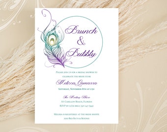 Peacock Feather Bridal Shower Invite, Shower Invitation, Peacock Invite, Modern Feather Invite, Modern Peacock, Green and Purple Invitation