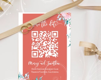 Floral Monogram Save the Date, Printable Wedding, QR Card Template, QR Code Save the Date, Script Font, Simple Save the Date, Modern Wedding