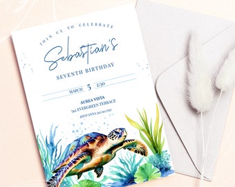 Sea Turtle Invitation, Under the Sea Invite, Ocean Theme Birthday, Aquarium Invite, Turtle Card, Turtle Birthday Card, Digital Invite Print