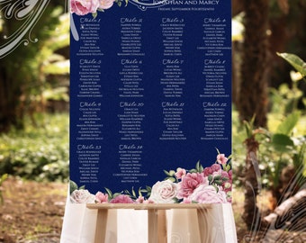 Peonies & Roses Seating Template, Wedding Seating Chart, Large Seating Arrangement 24 x 36, Navy Seating Chart Template, Garden Wedding