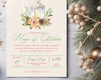 Christmas Lantern Invitation, Xmas Invitation, Christmas Party Invite, Xmas Party, Holiday Invite, Christmas Lights Invite, Simple Christmas