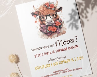Hipster Cow Invitation, Have you Heard the Moos Invite, Highland Cow Birthday Invite, Cute Farm Invite, Printable Invite, Birthday Invite